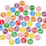 Bright plastic chips from Game: Chipzi - Fast Flippin' Fun! by Tenzi - Carma Games LLC feature bold white numbers from 1 to 7 on backgrounds of green, yellow, orange, red, purple, blue, and pink. These colorful pieces—ideal for a lively family game night—are scattered at random across a white surface.