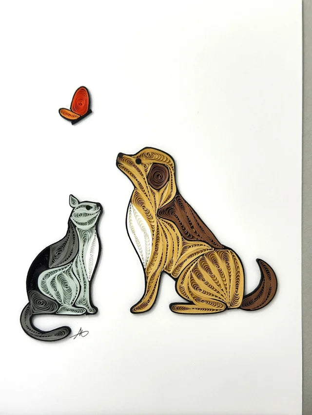 The Dog and Cat Quilling Card showcases a handcrafted scene of a cat and dog watching an orange butterfly, all made with high-quality paper on an elegant background.