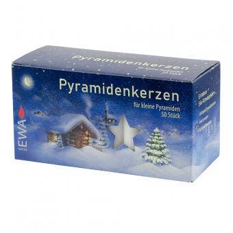 A blue box of Marketplace24 Candles: White Christmas Pyramid Candles (Pyramiden-Kerzen), featuring a snowy winter cabin, tree, and star illustration on the front. The German text describes a box of 50 candles (14 x 70mm) for small Christmas pyramids.