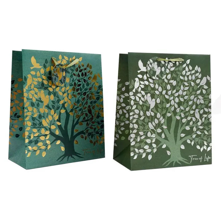 The "Tree of Life" gift bags, measuring 10.5 inches wide by 13 inches high and 5.5 inches deep, come in two exquisite designs: one with golden leaves and another with silver. Each bag gracefully displays the words "Tree of Life" at the bottom, ensuring a sophisticated touch for your gifts.