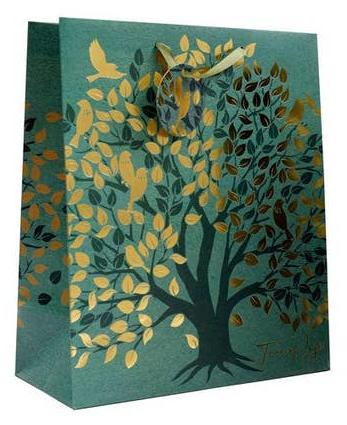 Gift Bag: Tree of Life, measuring 10.5"w x 13"h x 5.5"d, features a gold Tree of Life design with ribbon handles, embodying timeless elegance and charm.