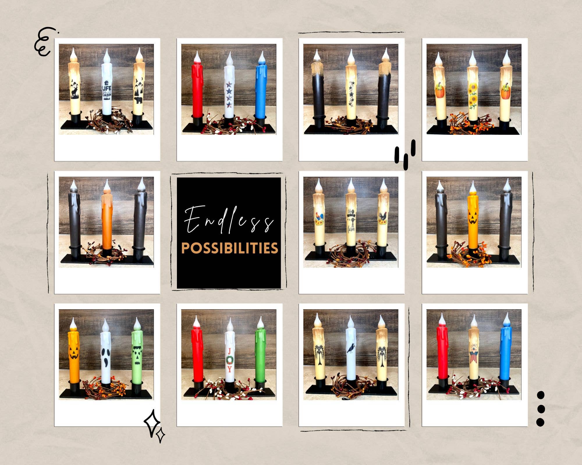 A collage of images displays decorative candles beautifully matched with the "Candle Holder: Triple Wrought Iron Taper Holder," each featuring distinct patterns. Text in the center reads, "Endless Possibilities.