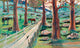 A depiction of a wooded landscape reminiscent of a Swedish scene, featuring tall trees, a pathway, and grazing horses. Marit Tornqvist's illustrative touch in "Now that Night is Near" captures the rocks and grass under a clear sky, evoking the charm of an Astrid Lindgren bedtime story.