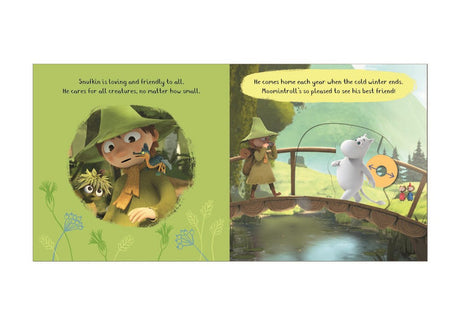 A spread from "Book: Meet the Moomins! Moomin Valley A Push, Pull, and Slide Book" shows Snufkin with a small creature on one side and Snufkin, Moomintroll, and friends crossing a bridge in green Moomin Valley on the other.