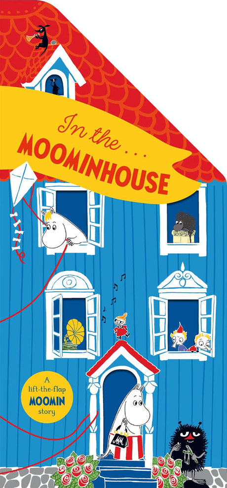 Discover the enchanting world of Moominvalley with the Book: In the Moominhouse A lift-the-flap Moomin Story Board Book from Swedish Gift Store. This whimsical illustration features the charming Moominhouse, where delightful Moomin characters peek out windows, fly kites, and gather by the door. The cover’s bright and playful design perfectly captures the warmth and magic of this beloved setting, with a title that reads In the Moominhouse.