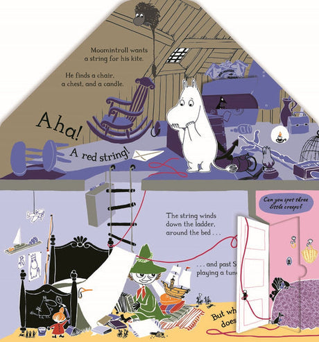 Experience the magic of Tove Jansson’s world with the “Book: In the Moominhouse A lift-the-flap Moomin Story Board Book” from Swedish Gift Store—featuring an illustration of Moomintroll in an attic, holding a red string that trails down a ladder into another room, where a figure reads among scattered treasures and three small green crocodiles peek out from behind a pink door.