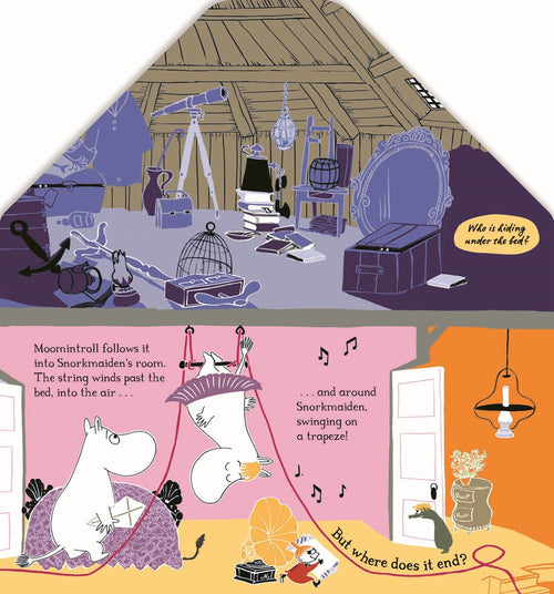 In the Book: In the Moominhouse A lift-the-flap Moomin Story Board Book from Swedish Gift Store, an illustrated scene features Moomintroll and Snorkmaiden playing with a hanging trapeze in a cozy room of the iconic Moominhouse, while the attic above is filled with suitcases, boxes, and old furniture. Whimsical text and musical notes evoke Tove Jansson’s enchanting world.