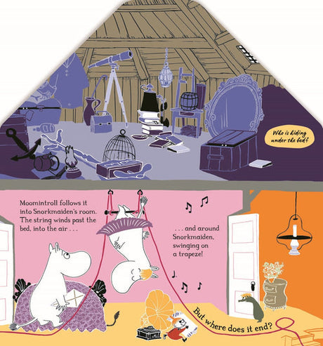 In the Book: In the Moominhouse A lift-the-flap Moomin Story Board Book from Swedish Gift Store, an illustrated scene features Moomintroll and Snorkmaiden playing with a hanging trapeze in a cozy room of the iconic Moominhouse, while the attic above is filled with suitcases, boxes, and old furniture. Whimsical text and musical notes evoke Tove Jansson’s enchanting world.