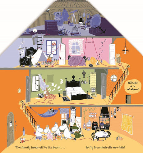 Explore the magical world of Book: In the Moominhouse, a lift-the-flap Moomin Story Board Book from Swedish Gift Store. The cover features a vibrant, dollhouse-style Moominhouse with three charming floors. Downstairs, the beloved Moomin family gathers together, while upstairs rooms are filled with cozy furniture and whimsical objects inspired by Tove Jansson’s enchanting Moominvalley. The storytelling text invites readers along for a beach adventure and introduces an exciting new kite.