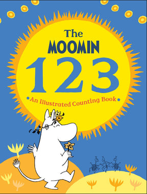 Cover of the book titled "Moomin 123: Counting Book," showcasing a white cartoon character in the bright setting of Moominvalley.