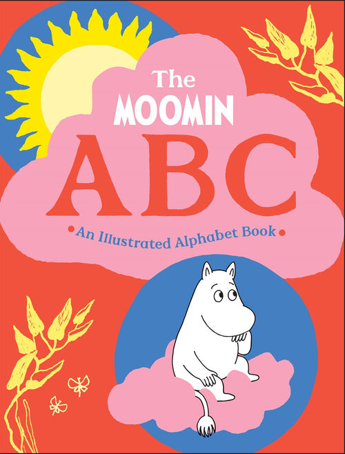 Book cover of "Book: Moomin ABC: Alphabet Book by Tove Jansson," featuring the enchanting essence of Moominvalley with a cartoon character perched on a pink cloud, encircled by a sun and vibrant greenery in the background.