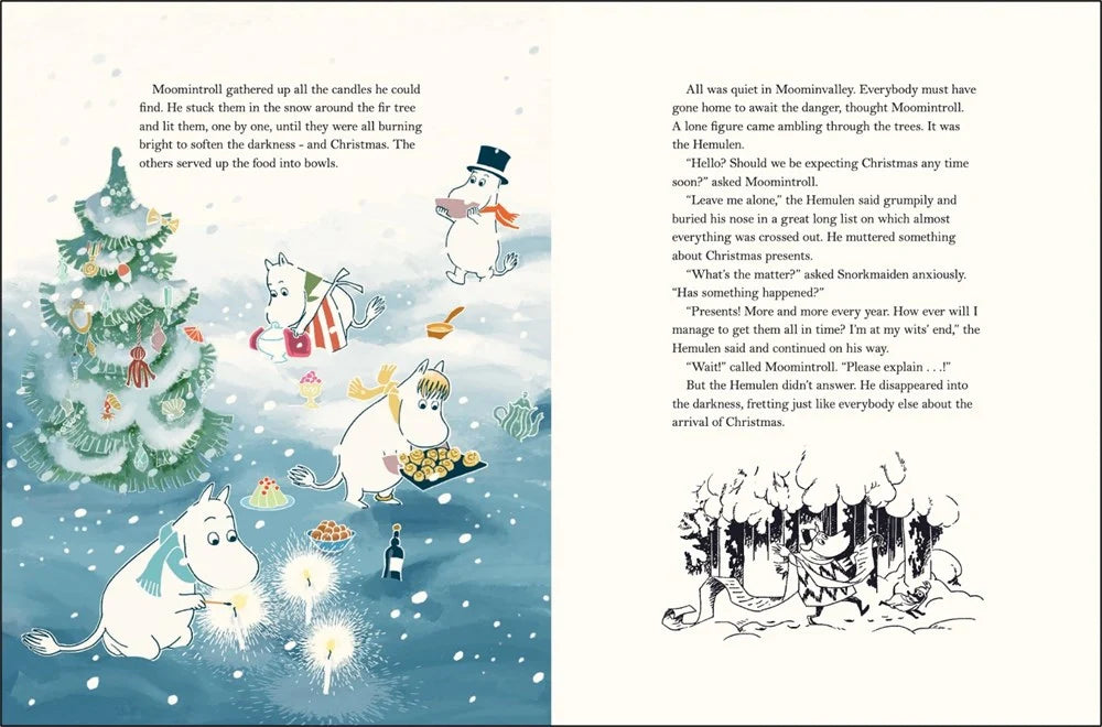 Picture book page with Moomin characters decorating a Christmas tree with candles and treats; black-and-white text appears on the right side of the page.