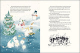 Picture book page with Moomin characters decorating a Christmas tree with candles and treats; black-and-white text appears on the right side of the page.