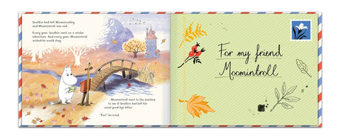 Pages from the book "Moomin Mail: A Magical Moomin Adventure, Full of Interactive Fun" by Amanda Li showcase autumn scenery featuring Moomintroll on an adventure near a bridge, with the elegant inscription "For my friend Moomintroll" on the right, complemented by Tove Jansson's delightful illustration of a red bird.