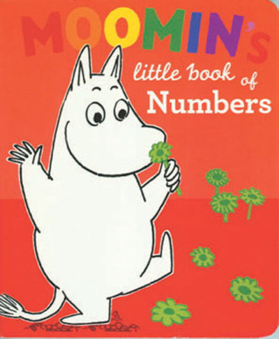 The cover of Moomin's Little Book of Numbers board book features a delightful white cartoon character, Moomin, joyfully holding green clovers on a bright red backdrop. Taking inspiration from Tove Jansson's enchanting creations, this eye-catching design introduces young readers to the magical world of numbers.
