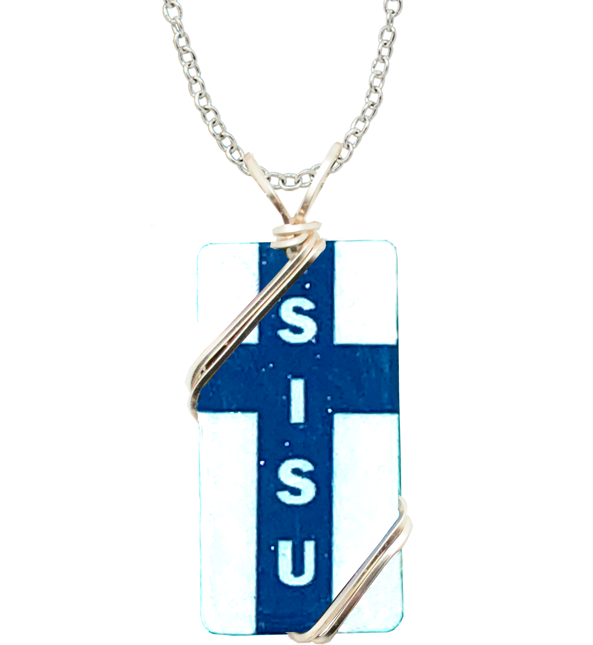 The Necklace: Sisu Handmade Pendant Necklace features a rectangular blue cross with SISU, wrapped in metal wire and hung on a stylish, hypoallergenic stainless steel chain.
