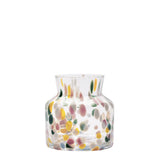 Glass vase with a wide base featuring a pattern of small, multicolored translucent spots.