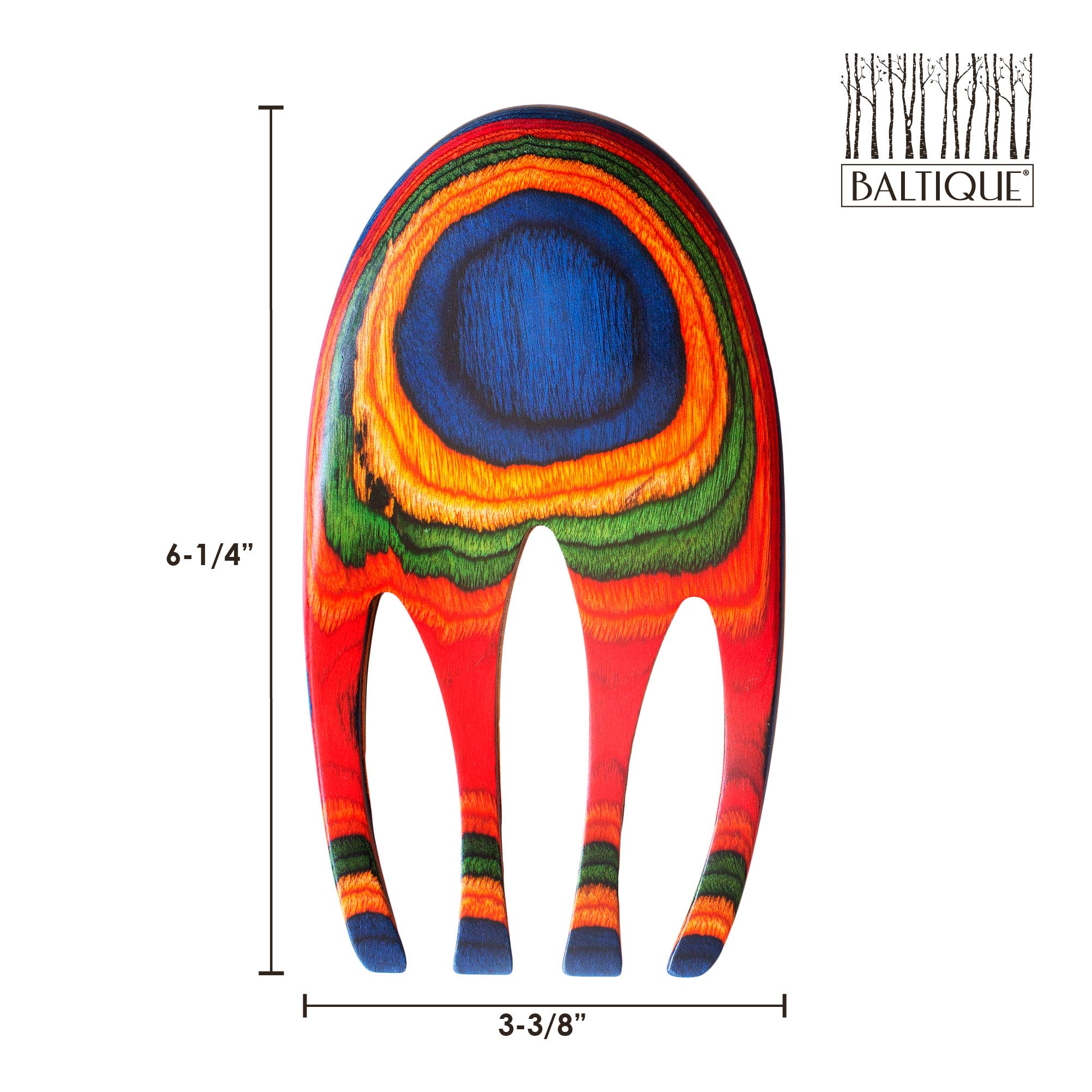 The Marrakesh Salad Hands by Baltique are multicolored wooden utensils with swirling patterns, designed in a claw shape perfect for tossing pasta salads. They measure 6-1/4 inches tall and 3-3/8 inches wide.