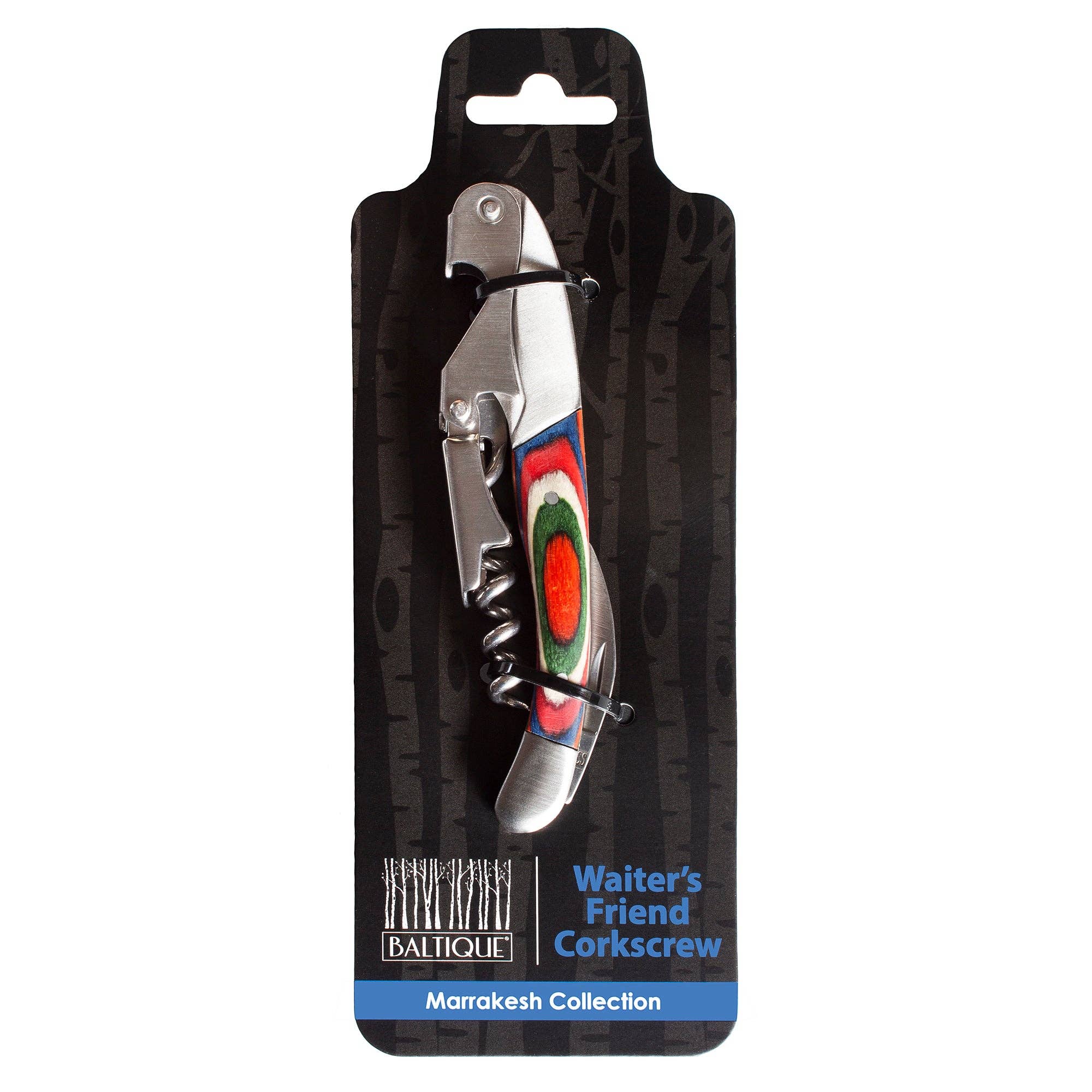 A Waiter's Friend Corkscrew from the Marrakesh Collection features a multicolored handle and is stylishly presented on a black packaging card, emphasizing its status as the ultimate multitool.