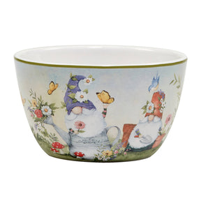 A ceramic bowl featuring garden gnomes with colorful hats, surrounded by flowers, butterflies, and a blue bird. Product: Garden Gnome Ice Cream Bowl, 5.25 x 3, with four image options.