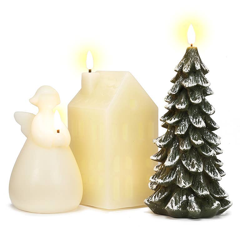 A snowy tree-shaped LED candle, standing at 9 inches tall, provides an ambient glow when lit, creating a cozy holiday setting.