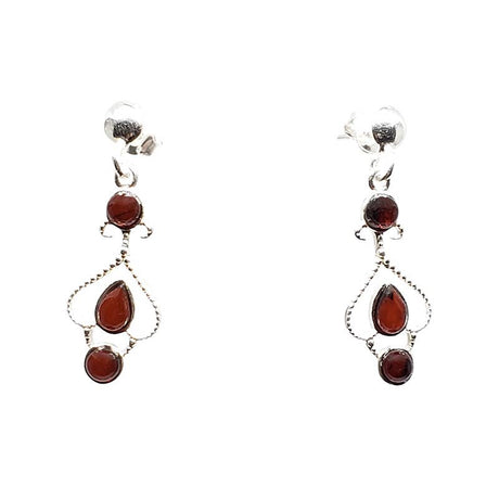 These dangle earrings feature three round and one teardrop-shaped cherry Baltic amber stones set in sterling silver.