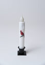 The Candle: Cardinal LED Timer Taper Candle, White 7", features a faux flame in a black holder with a red cardinal perched on a branch illustration.