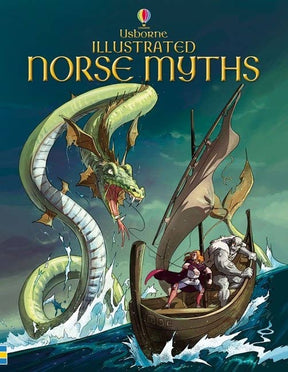 A serpent-like sea monster emerges near a Viking ship with two armored figures, vividly depicted in the children's book "Book: Illustrated Norse Myths.
