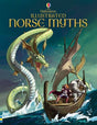 A serpent-like sea monster emerges near a Viking ship with two armored figures, vividly depicted in the children's book "Book: Illustrated Norse Myths.