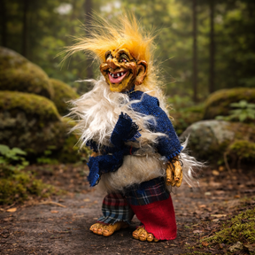 The Marketplace24 Troll: Eirik Snowwhisk Troll Witch, standing 8" tall with wild yellow hair, a furry white vest, and plaid pants, adds Nordic charm to home décor as it stands among mossy rocks and lush greenery.