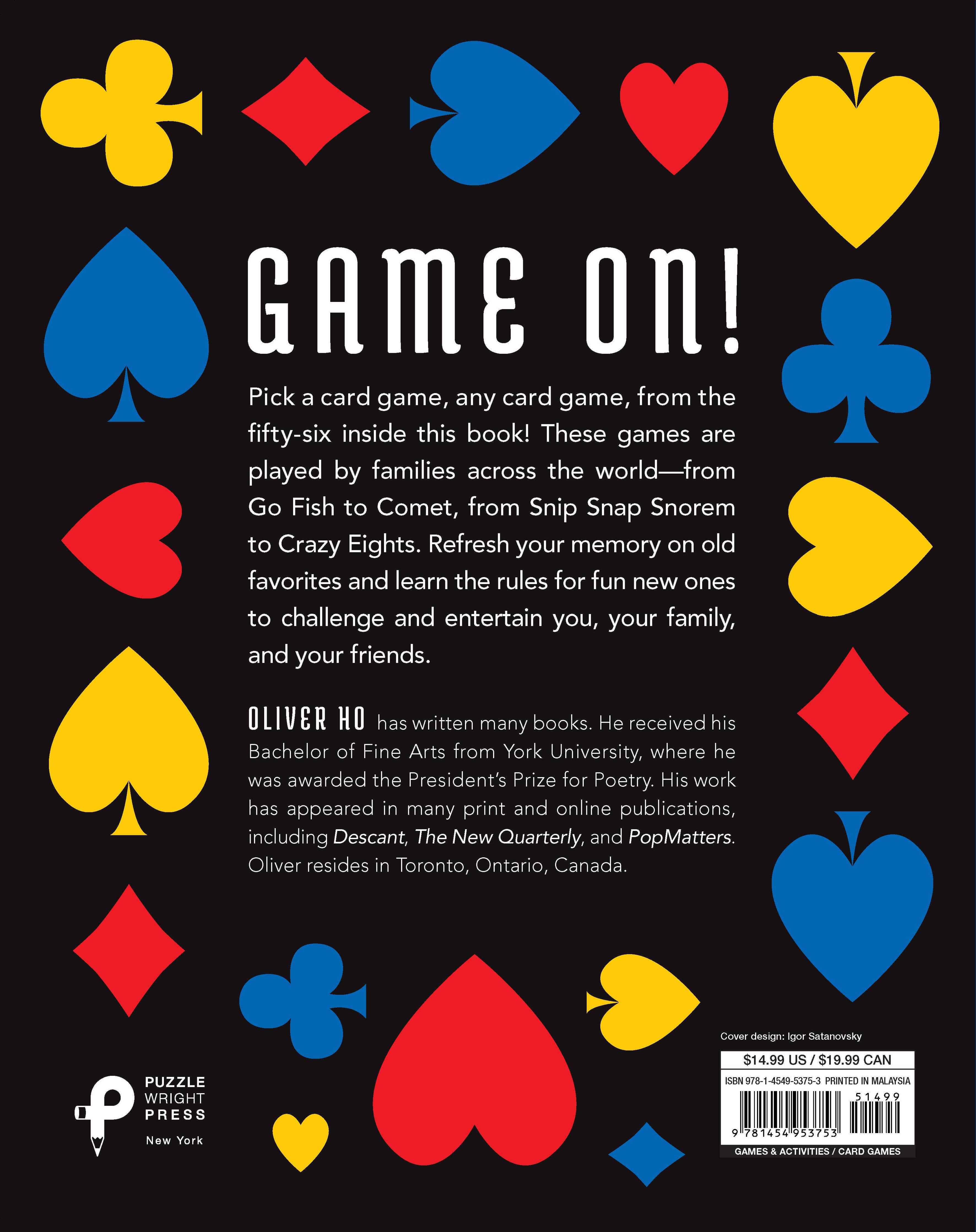 Back cover of "The Ultimate Book of Family Card Games: Over 50 Games!" featuring colorful card suit symbols and a description highlighting easy-to-follow rules for 50+ family games—ideal for players wanting clear instructions.