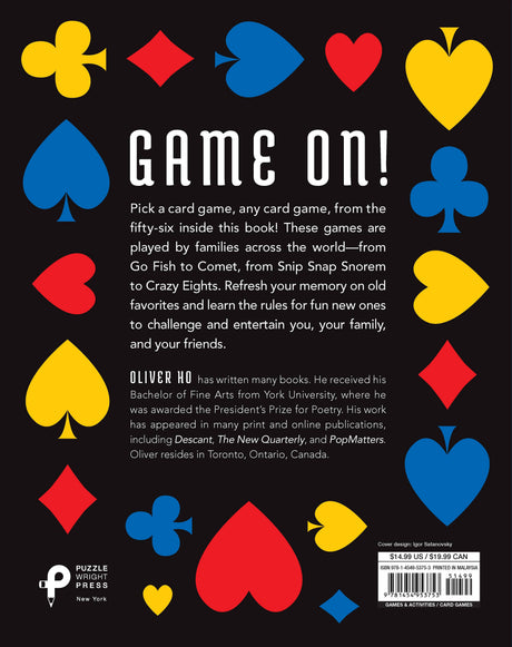 Back cover of "The Ultimate Book of Family Card Games: Over 50 Games!" featuring colorful card suit symbols and a description highlighting easy-to-follow rules for 50+ family games—ideal for players wanting clear instructions.