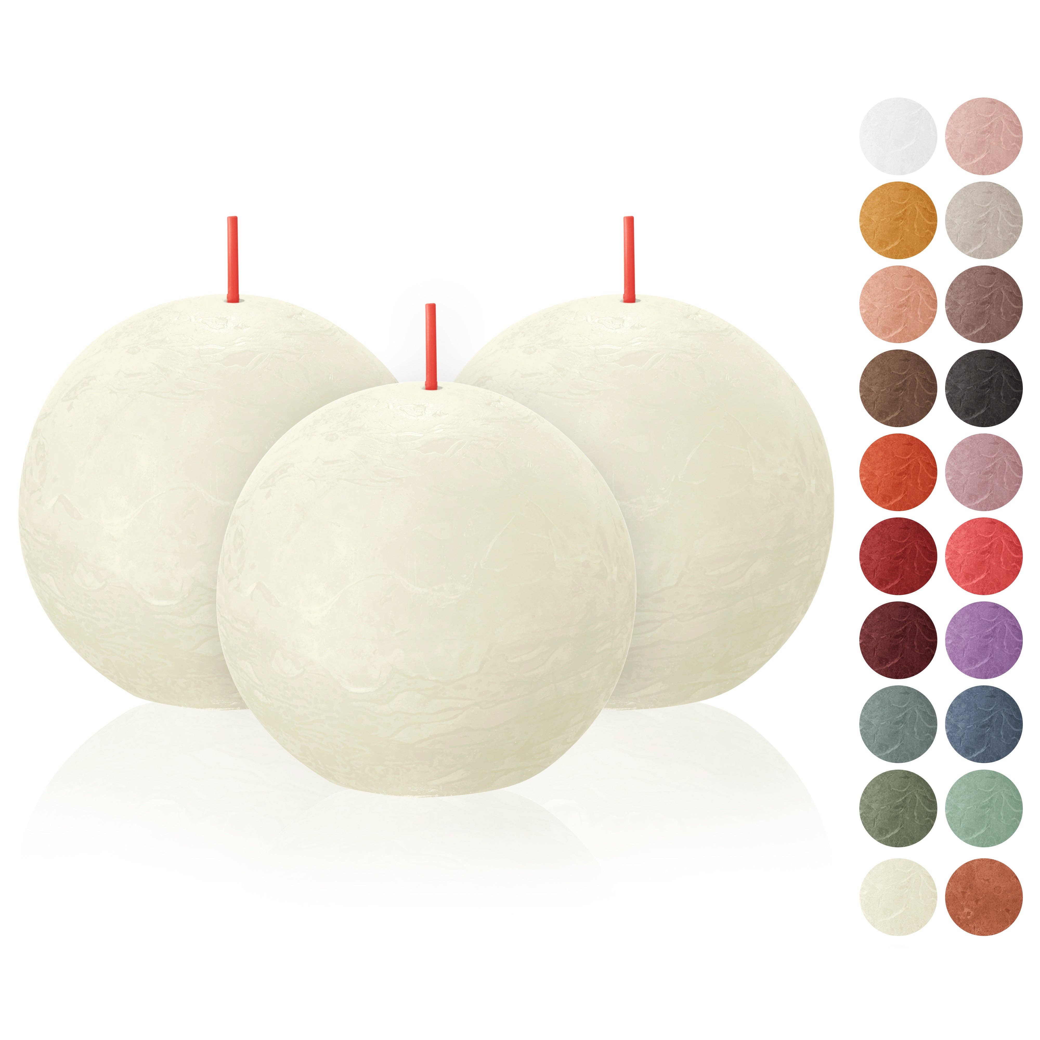 Three Cloudy White Rustic 3" Ball Candles, each made from plant-based wax and featuring red wicks, are displayed alongside a grid of smaller circles in a variety of colors.