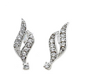 A pair of April Crystal Swarovski® Crystals Spiral Dangle Earrings, featuring a silver, curved leaf-like design set with a row of small round white stones for an elegant look.