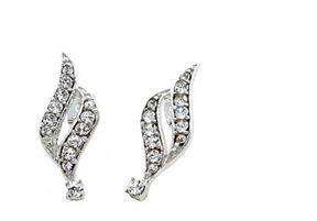 A pair of April Crystal Swarovski® Crystals Spiral Dangle Earrings, featuring a silver, curved leaf-like design set with a row of small round white stones for an elegant look.
