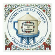 Absorbent ceramic coaster decorated with rosemaling, a water tower, two Dala horses, and the text Americas Little Sweden and Välkommen till Lindström.