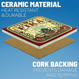 Square ceramic coaster with a cork backing, featuring a Swedish Fika illustration of a coffee pot, cups, and a definition of Scandinavian coffee decor.