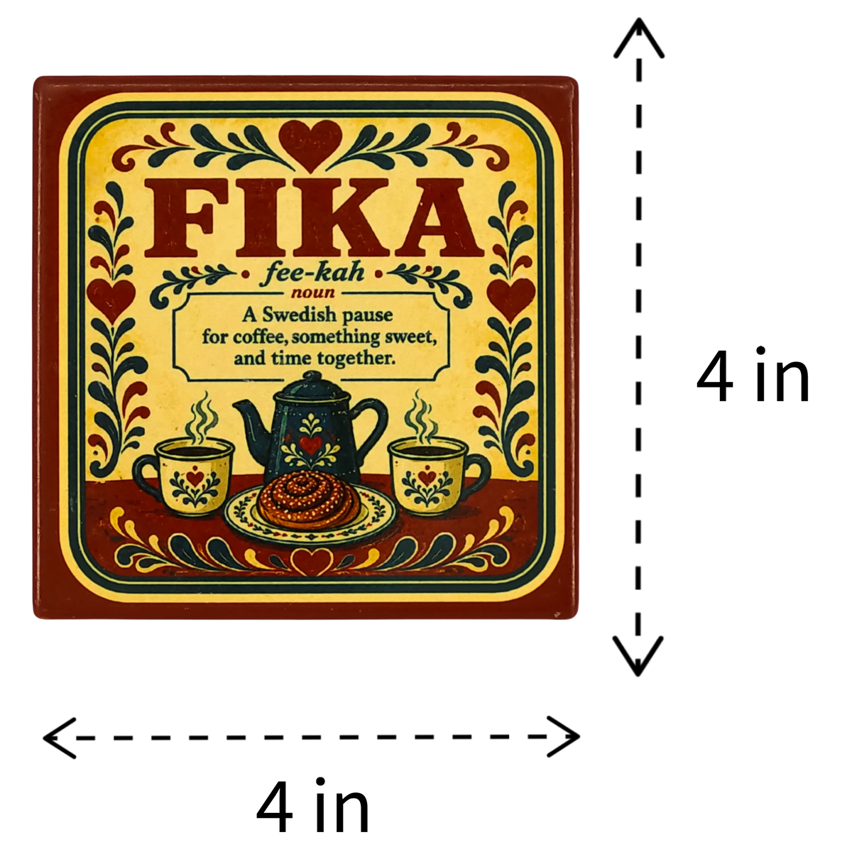 Square ceramic coaster featuring a Swedish Fika definition, a coffee set illustration, and traditional folk art floral designs.