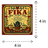 Square ceramic coaster featuring a Swedish Fika definition, a coffee set illustration, and traditional folk art floral designs.