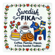 Ceramic coaster featuring a blue Dala horse, coffee, pastries, and the text Swedish FIKA. Coffee. Pastries. Friends. A Cozy Swedish Tradition, within a floral border.