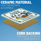Square ceramic coaster with a cork backing, featuring a Dala horse, a coffee cup, pastries, and the text Swedish FIKA.