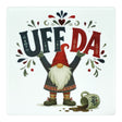 Ceramic tile with a Nordic gnome holding the text UFF DA above his head, a spilled mug, and Scandinavian-style patterns.