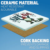 Square ceramic coaster featuring a Nordic Tomte illustration and the text Uff Da with a cork backing.