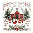 Ceramic coaster with a Nordic scene featuring a Tomte gnome, a red Dala horse, gift boxes, a cottage, Christmas trees, and snowflakes.