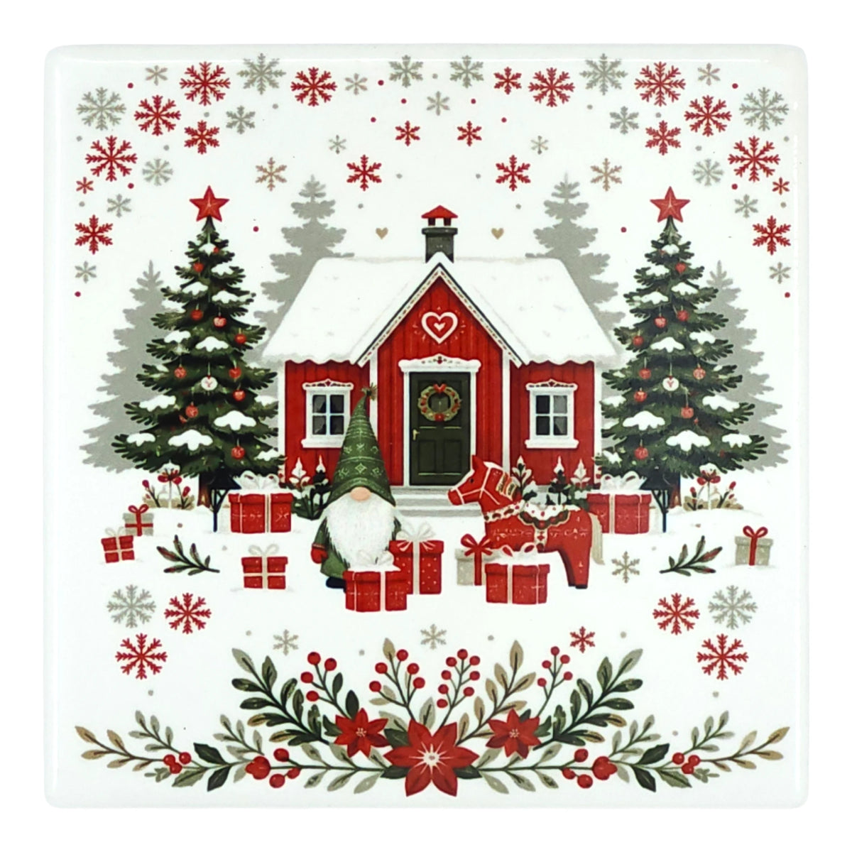 Ceramic coaster with a Nordic scene featuring a Tomte gnome, a red Dala horse, gift boxes, a cottage, Christmas trees, and snowflakes.