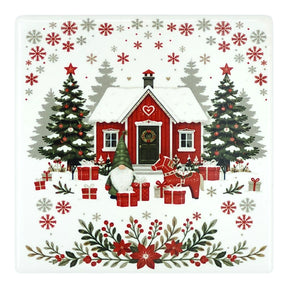 Ceramic coaster with a Nordic scene featuring a Tomte gnome, a red Dala horse, gift boxes, a cottage, Christmas trees, and snowflakes.