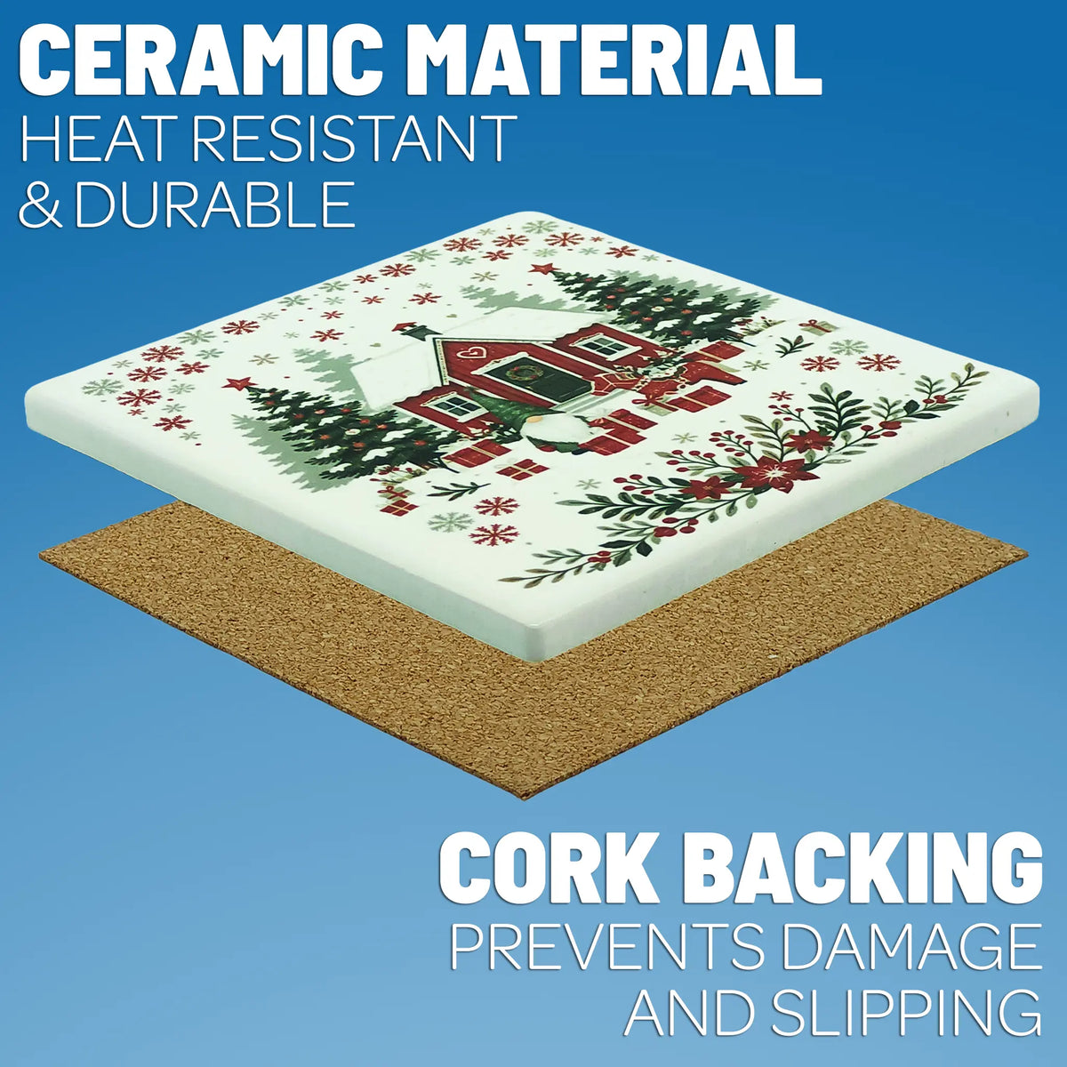 Square Nordic ceramic coaster featuring a red cabin, evergreen trees, and poinsettia illustrations, with a cork backing.