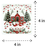 Square ceramic coaster with a Nordic winter scene featuring a red house, a tomte, a Dala horse, wrapped gifts, and snowflakes.