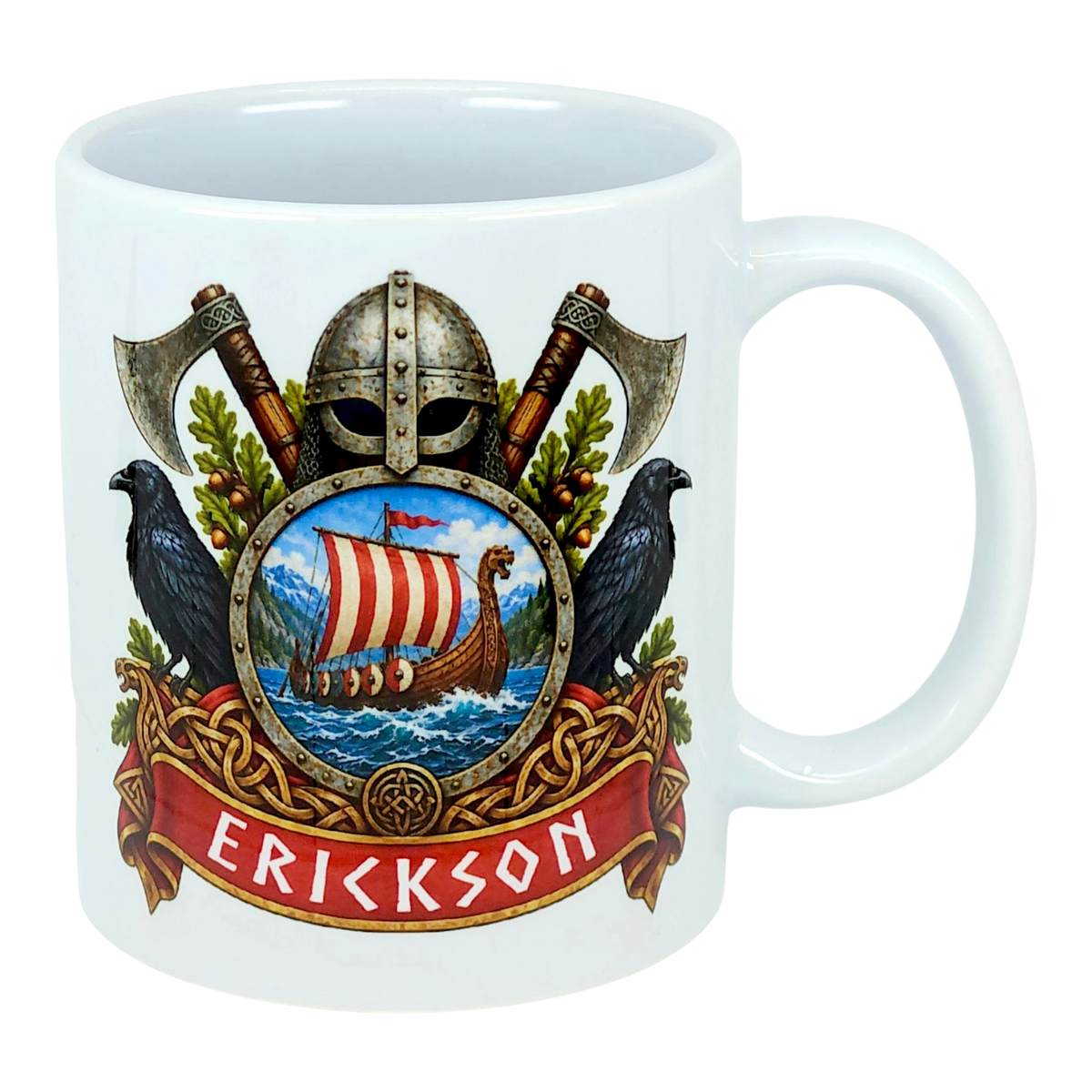White mug featuring a Norse crest with axes, a Viking helmet, two black birds, a ship on water, and “ERICKSON” in bold red letters below the design.
