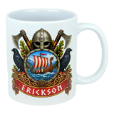 White mug featuring a Norse crest with axes, a Viking helmet, two black birds, a ship on water, and “ERICKSON” in bold red letters below the design.